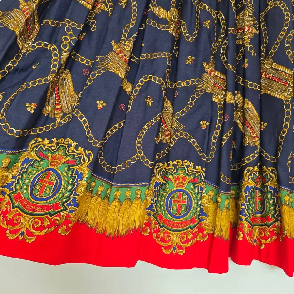 Vintage Ornate Scarf Print Midi Skirt Royal Lions Baroque Maximalist Women Small